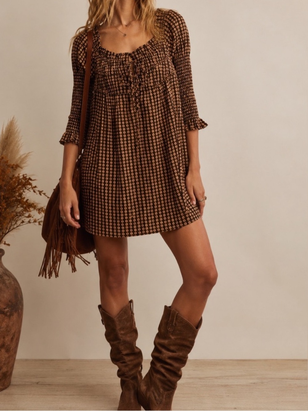 Free People Star Dip 3/4 Sleeve SeerSucker Mini Boho Dress Brown M
